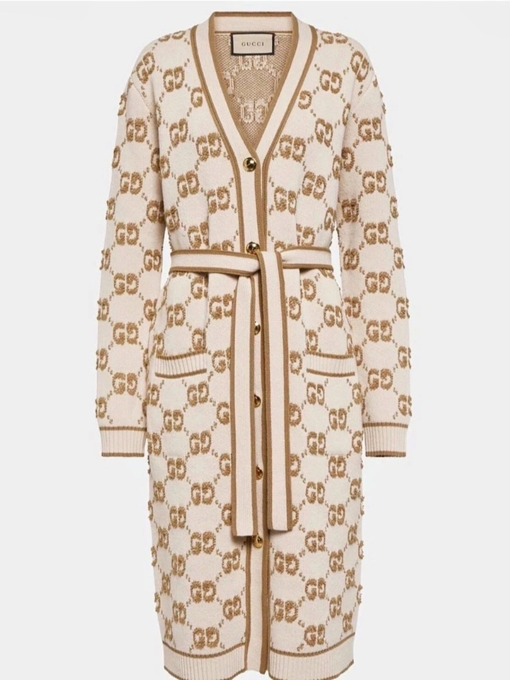 GUCCI GG Jacquard 100% Wool Belted Cardigan Size Medium Beige & Brown